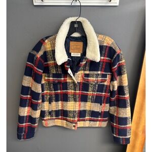 Levi's Womens Small Wool Trucker Jacket Plaid Red Blue Sherpa Snap Cropped Coat